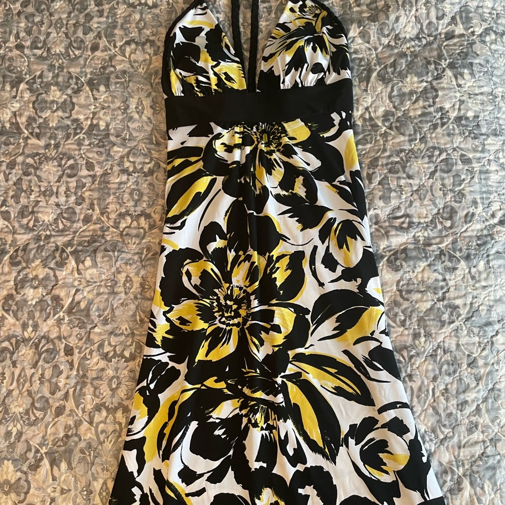 Floral Halter Dress - Black and Yellow